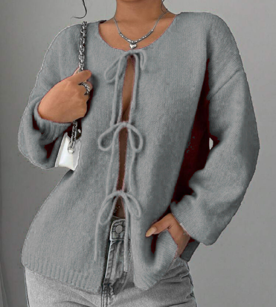 Damen Oversized Strickpullover mit dekorativem Schnürdetail EB