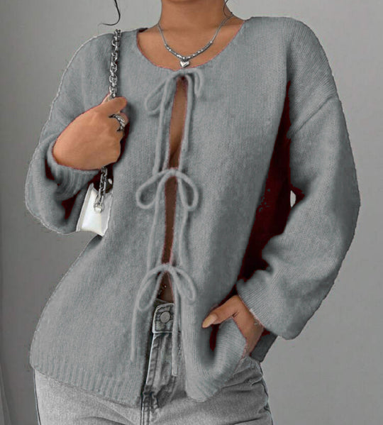 Damen Oversized Strickpullover mit dekorativem Schnürdetail EB