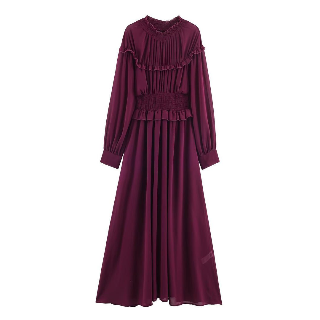Damen Maxikleid mit voluminösen Rüschendetails und schmalem Gürtel EB