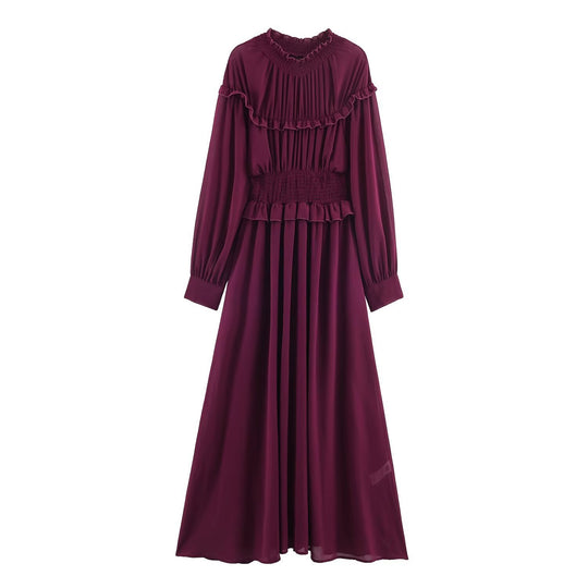 Damen Maxikleid mit voluminösen Rüschendetails und schmalem Gürtel EB