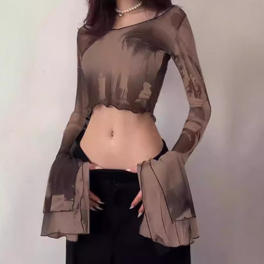 Damen Crop-Top mit transparenten Ärmeln und kunstvollem Druck EB