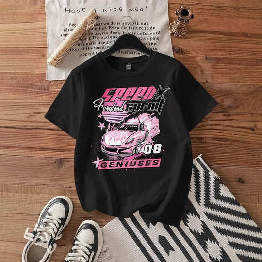 Damen T-Shirt mit kreativem Auto-Motiv und urbanem Schriftzug EB
