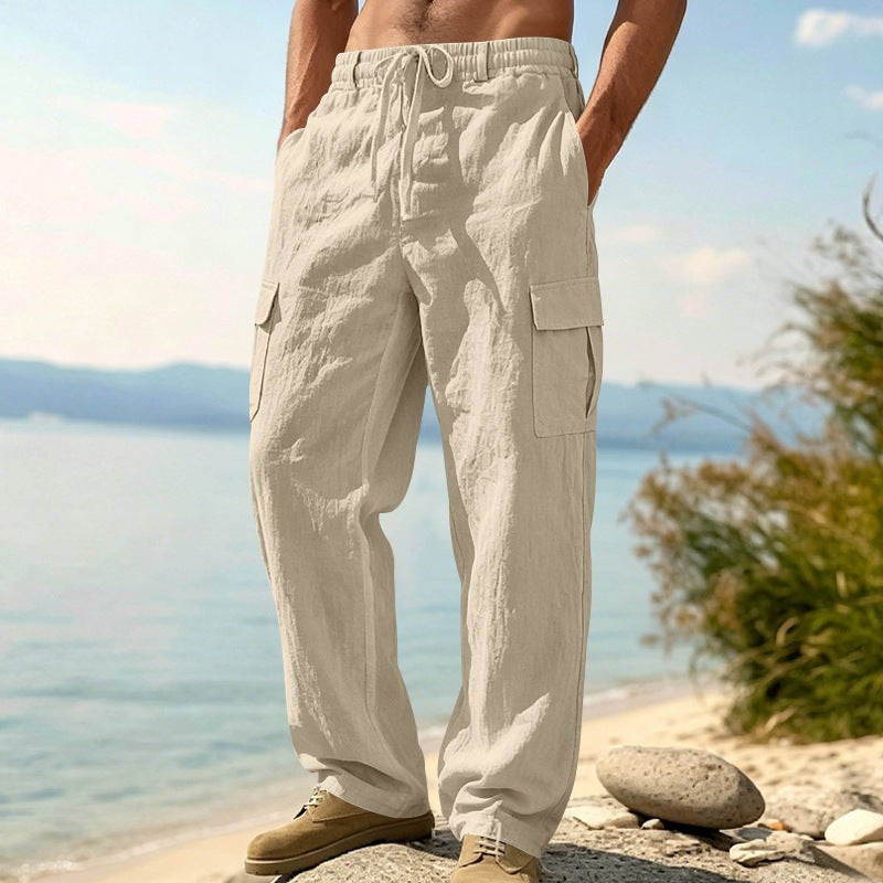 Herren nan entspannt geschnittene Strand-Cargohose aus Leinenblend mit elastischem Tunnelzug und zweifacher Klapptasche EB