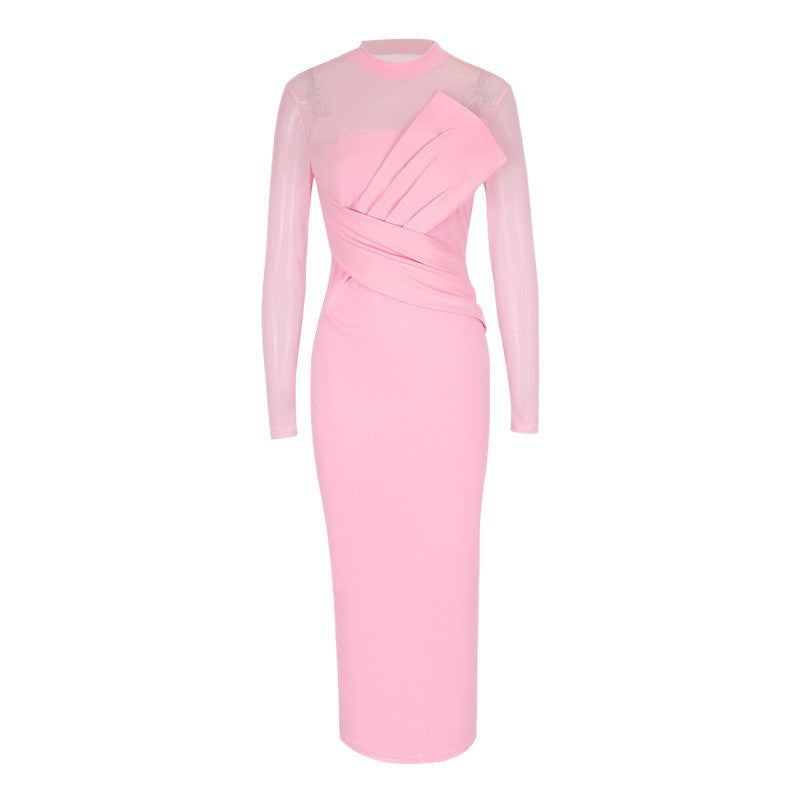 Damen Elegantes Langarm-Midi-Kleid mit raffinierter Drapierung und figurbetonter Silhouette EB
