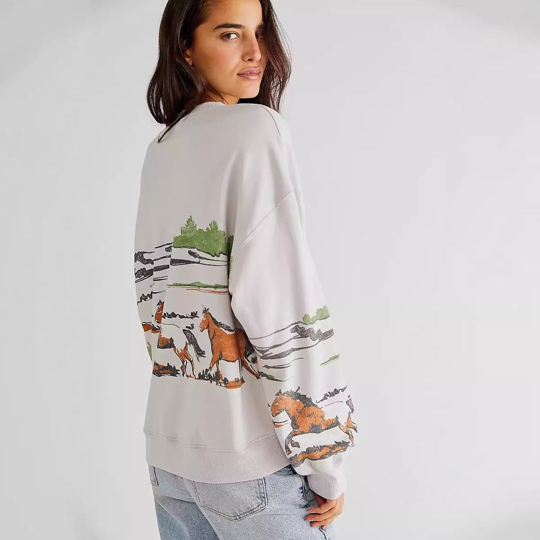 Damen Sweatshirt mit kreativer Pferdemotiv-Grafik und lässigem Schnitt EB