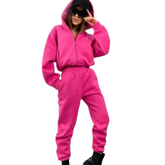 Damen komfortabler Oversize-Zweiteiler Jogginganzug mit Kapuzenhalbzip, elastischem Highwaist-Bund und Kängurutaschen EB