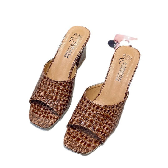 Damen Schicke Peeptoe-Pantoletten aus hochwertigem Leder mit Kroko-Optik EB