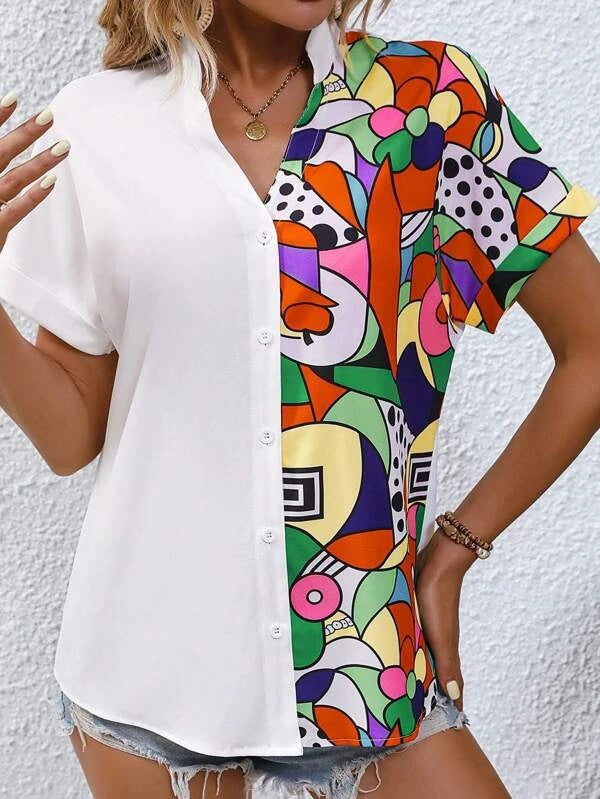 Damen Button-Up Bluse mit künstlerischem asymmetrischem Design EB