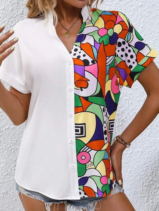 Damen Button-Up Bluse mit künstlerischem asymmetrischem Design EB