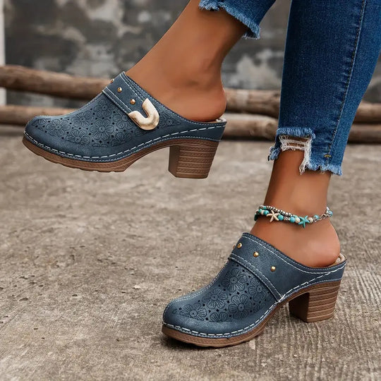 Damen elegante Clogs mit modischem Blumendesign und geschmackvoller Schnalle EB