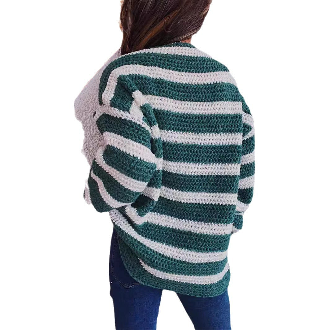 Damen lässiger Strickpullover mit blockierendem Streifenmuster und weitem Schnitt EB