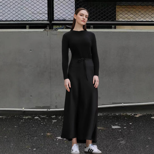 Damen Fließendes Maxikleid mit eleganten langen Ärmeln und taillierbarem Bund EB