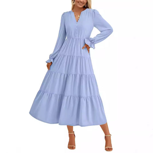Damen Maxikleid mit romantischen Rüschendetails und elegantem V-Ausschnitt EB