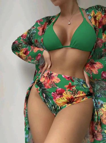 Damen Hochgeschnittener Bikini mit floralem Design und raffiniertem Wickeloberteil EB
