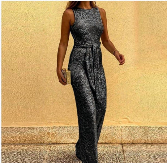 Damen Glitzerndes Maxi-Kleid mit Taillengürtel und elegantem Schnitt EB