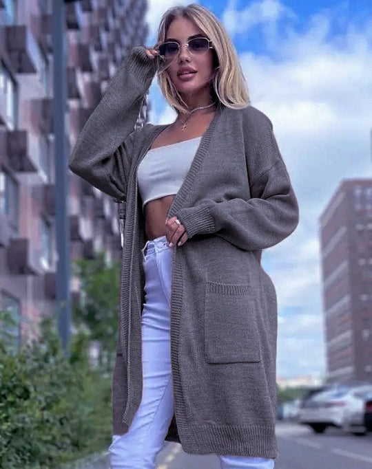 EB | Strickjacke Lockere Passform Offene Front Taschen Langes Modell