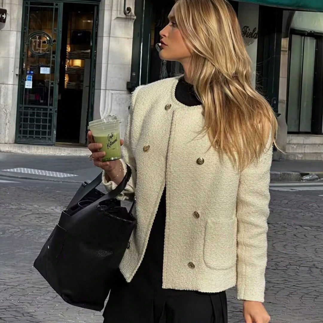 Damen elegante Bouclé-Jacke mit dekorativen Knöpfen und aufgesetzten Taschen EB