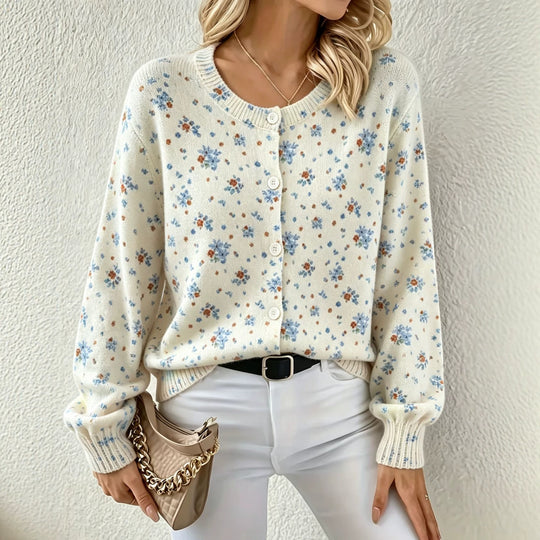 Damen Leichter Jacquard‑Strickcardigan mit Leo‑Print, Rundhalsausschnitt und Knopfleiste EB