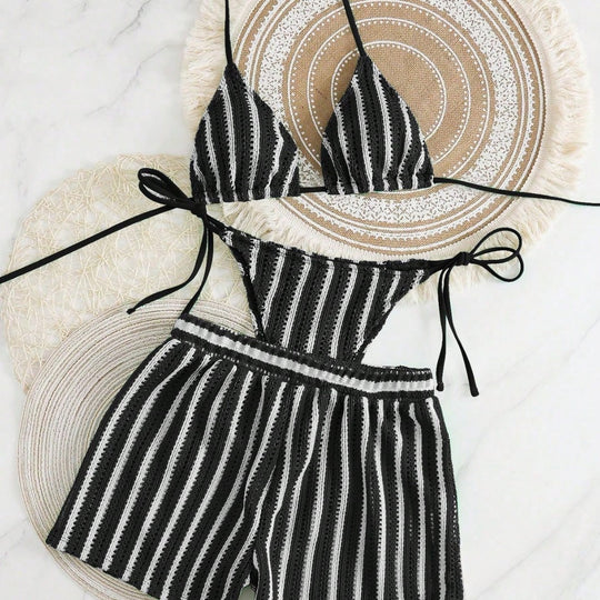 Damen Bikini-Set mit gerafftem Oberteil und hoch taillierten Shorts EB