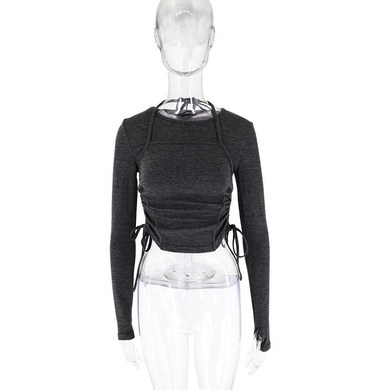 Damen Langarm Crop-Top mit verstellbarem Kordelzug EB