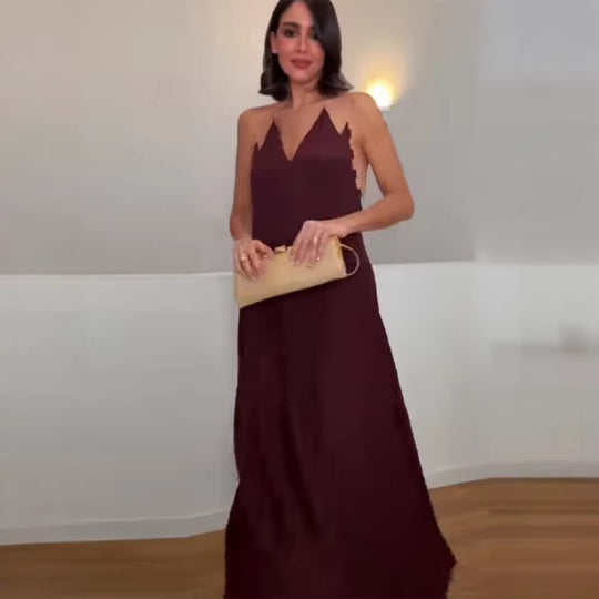 Damen elegantes Maxikleid mit tiefem V-Ausschnitt und fließendem Rock EB