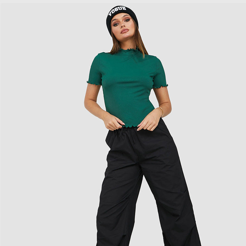 Damen kurzärmliges Ripp-T-Shirt mit lässigem Saum EB