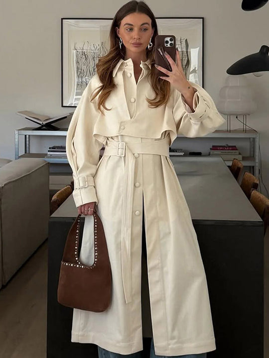 Damen Langer Trenchcoat mit breitem Kragen und taillierbarem Gürtel EB