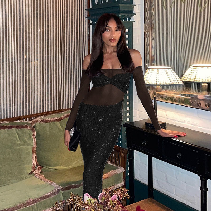 Damen schickes Abendkleid mit transparenten Ärmeln und Pailletten EB