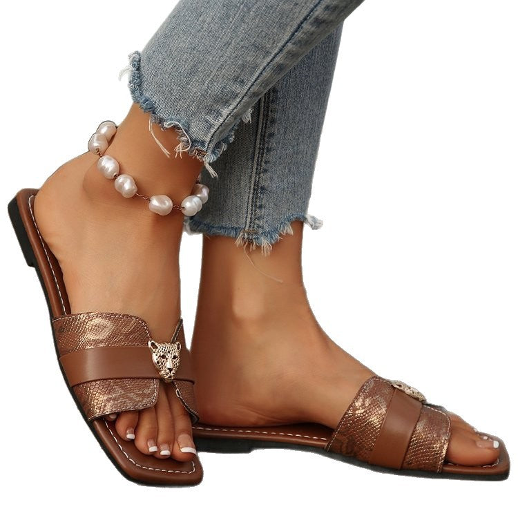 Damen Wedge-Pantoletten mit elegantem Schlangenleder-Design und modischem Riemen EB