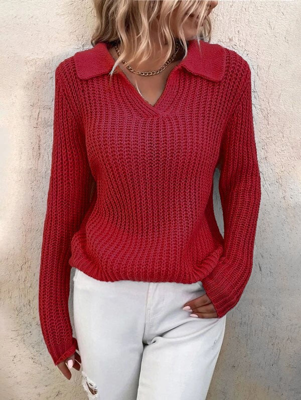 Damen V-Ausschnitt Strickpullover mit Kragen EB