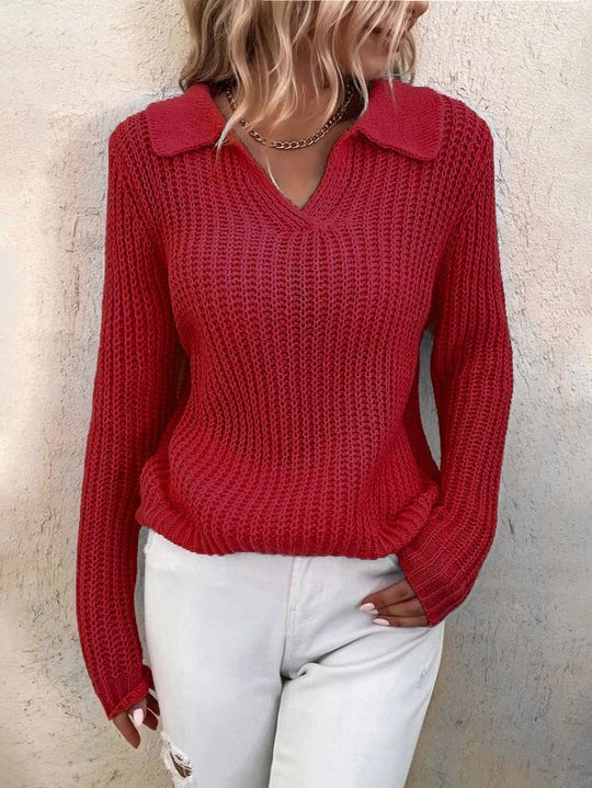 Damen V-Ausschnitt Strickpullover mit Kragen EB