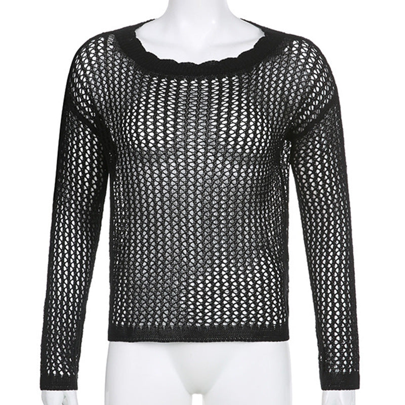 Damen luftiger Strickpullover mit feinem Netzmuster EB