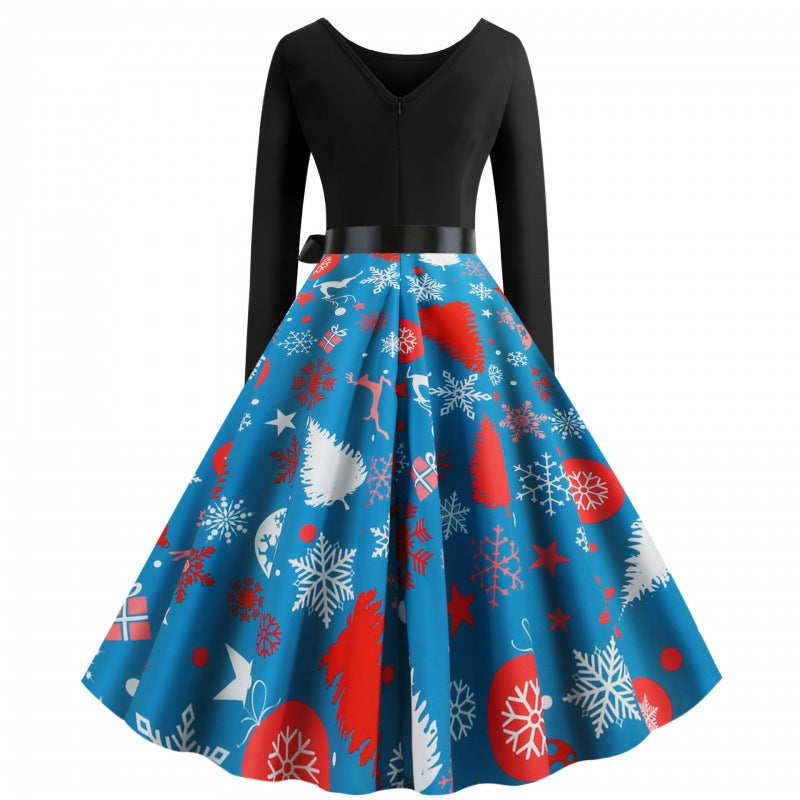 Damen Vintage‑inspirertes Swingkleid mit tailliertem Oberteil, langen Ärmeln und festlichem Tellerrock EB