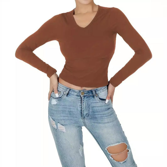 Damen Langarmshirt mit figurbetonter Passform und V-Ausschnitt EB
