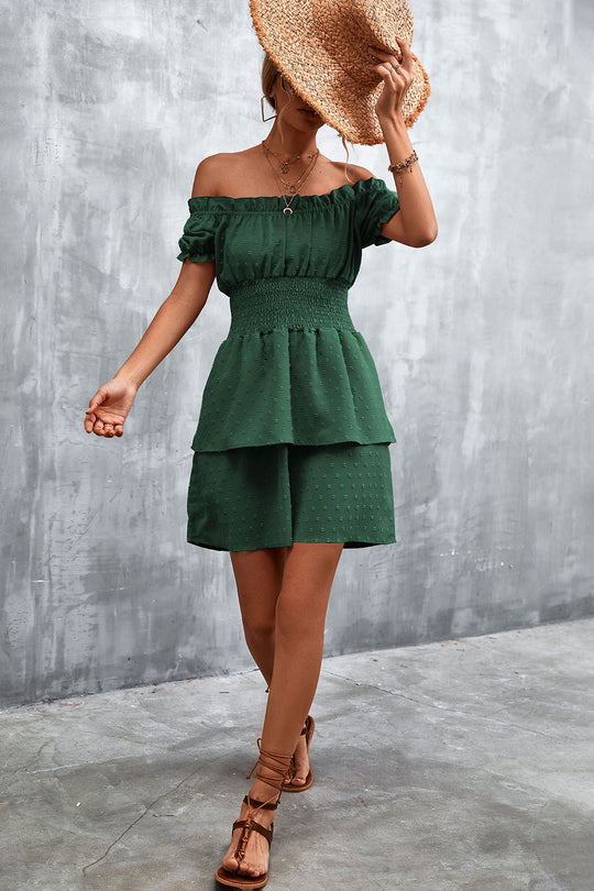 Damen Off-Shoulder Sommerkleid mit rüschenförmigem Saum und elastischem Taillenbund EB