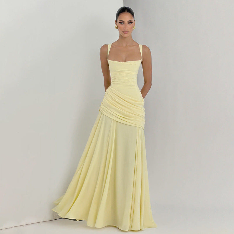 Damen Elegantes Maxikleid mit raffiniertem Raffung und schmalen Spaghetti-Trägern EB