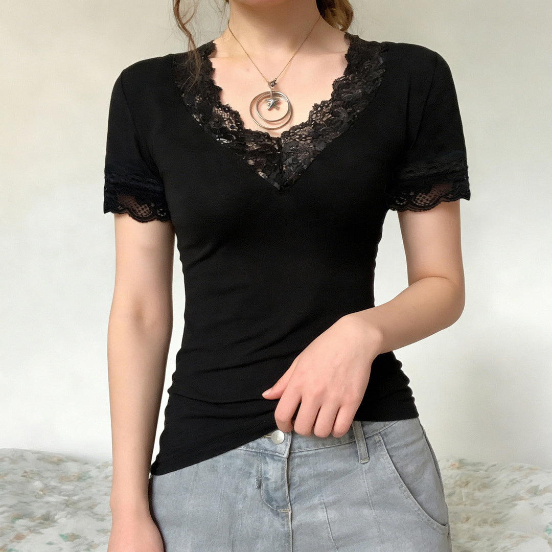 Damen Elegantes Spitzen-T-Shirt mit V-Ausschnitt und Kurzarm EB