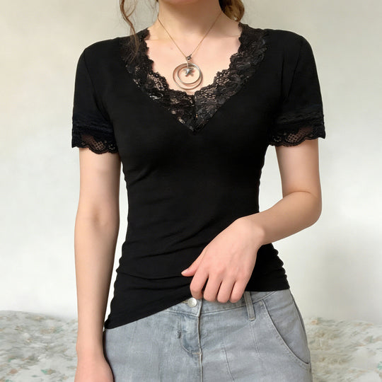 Damen Elegantes Spitzen-T-Shirt mit V-Ausschnitt und Kurzarm EB