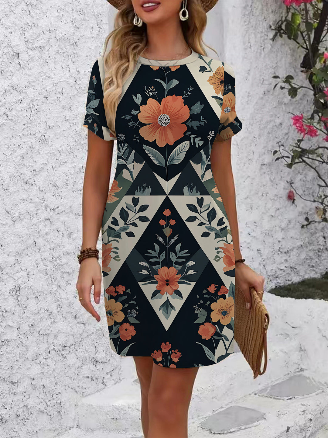 Damen lässiges Kurzarmkleid mit modernem Hahnentrittmuster und bequemer Passform EB