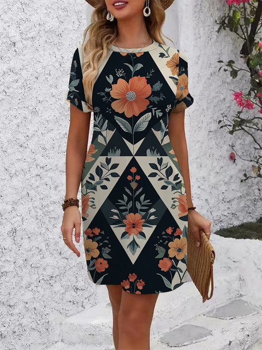 Damen lässiges Kurzarmkleid mit modernem Hahnentrittmuster und bequemer Passform EB