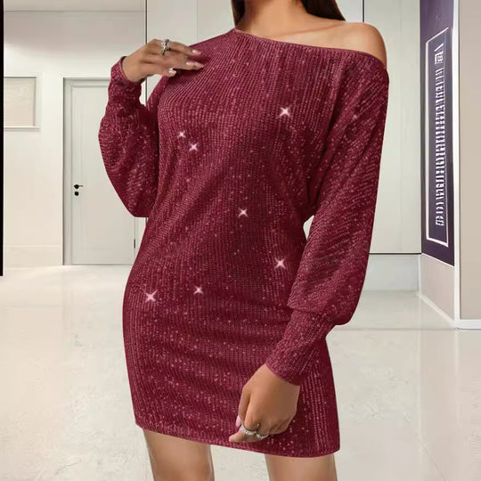 Damen Funkelndes Minikleid mit asymmetrischem Ausschnitt und Ballonärmeln EB