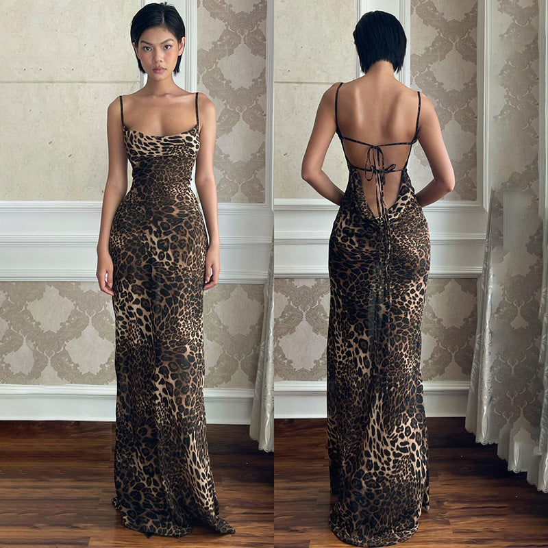 Damen Maxikleid mit elegantem Leopardenprint und offenem Rückenteil EB