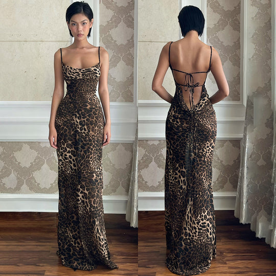 Damen Maxikleid mit elegantem Leopardenprint und offenem Rückenteil EB