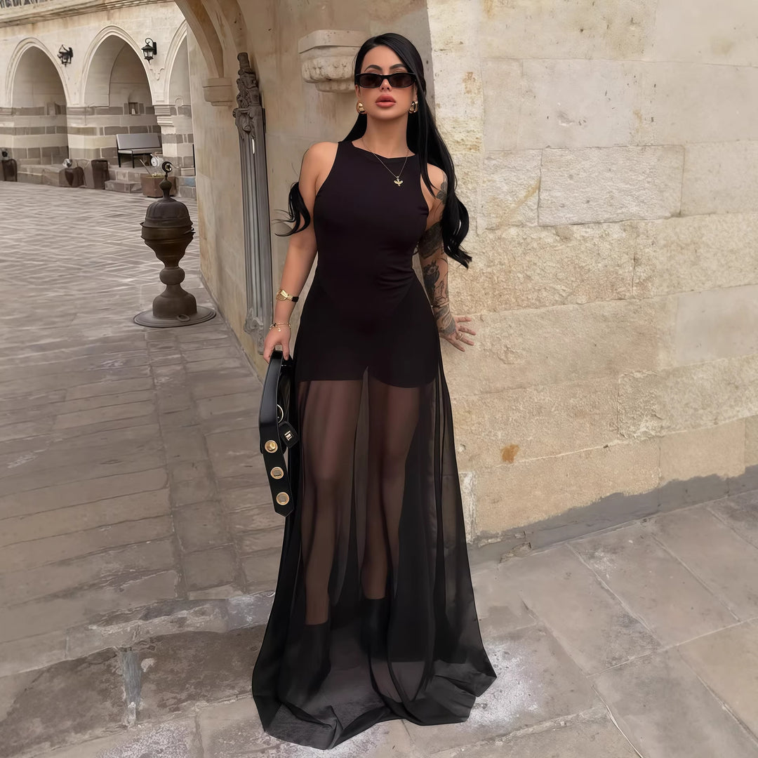 Damen Elegantes Maxi-Kleid mit transparentem Chiffon-Überwurf und figurbetontem Inneren EB