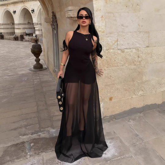 Damen Elegantes Maxi-Kleid mit transparentem Chiffon-Überwurf und figurbetontem Inneren EB