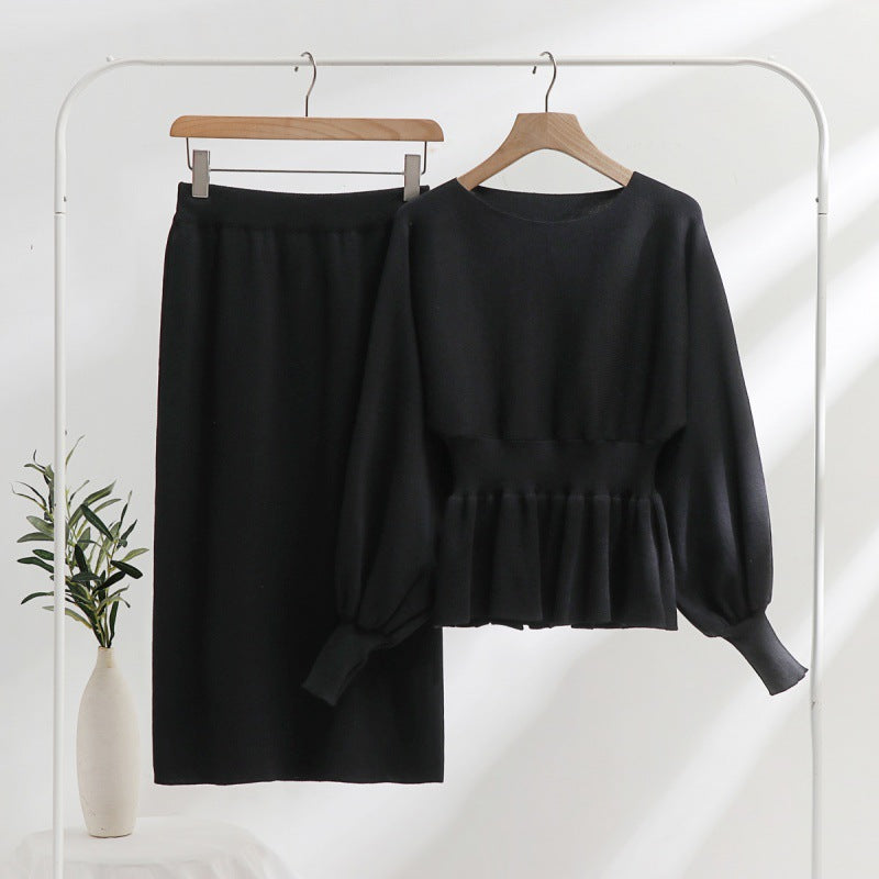 Damen elegantes Strickensemble mit Raffung und Ballonärmeln EB