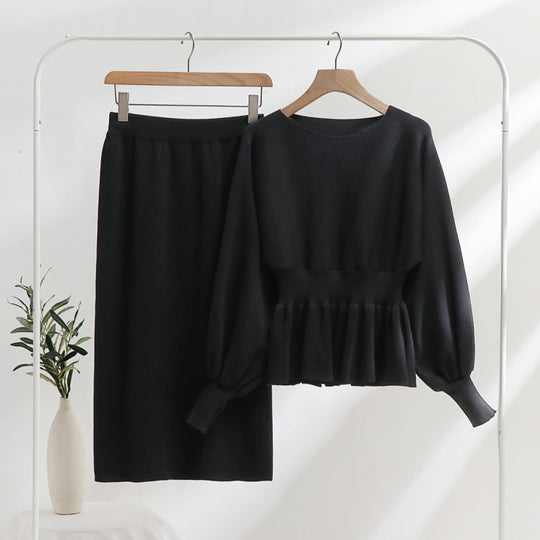 Damen elegantes Strickensemble mit Raffung und Ballonärmeln EB