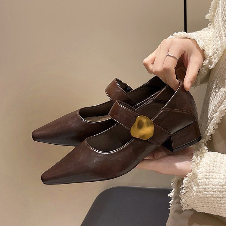 Damen elegante Mary Jane Pumps mit goldener Schnalle EB