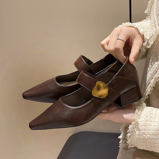 Damen elegante Mary Jane Pumps mit goldener Schnalle EB