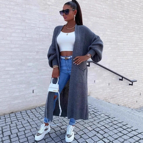 Damen lässiger Strickkarte mit tiefem V-Ausschnitt und großzügigen Taschen EB